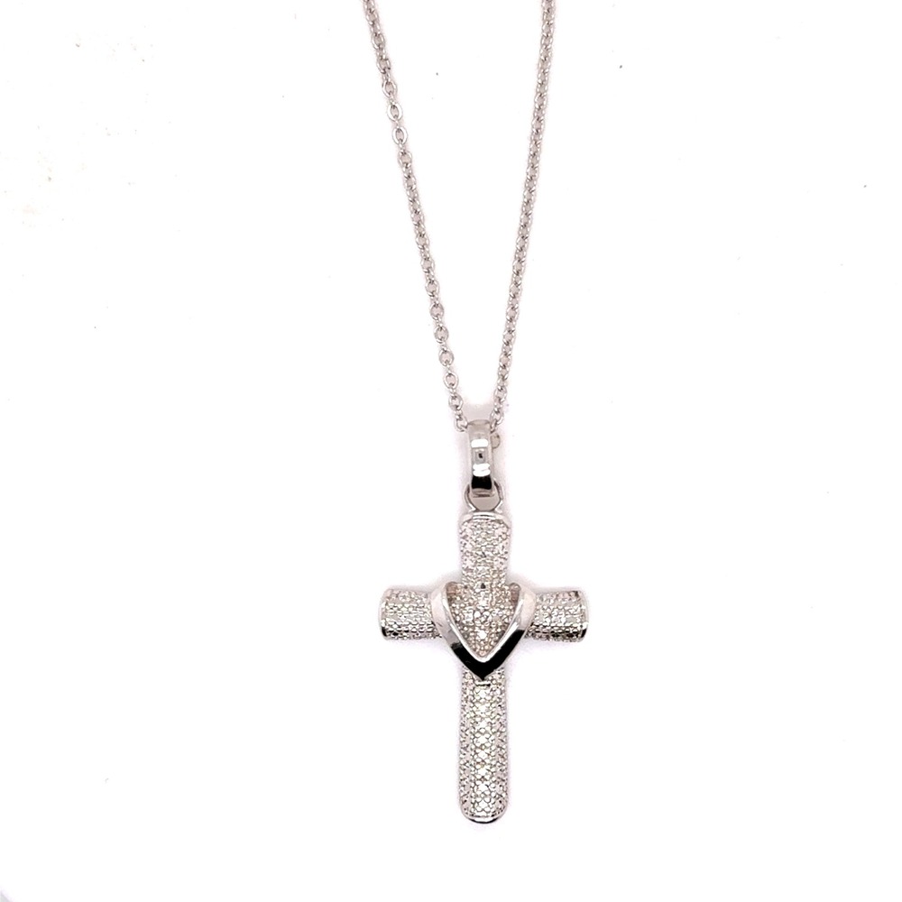 925 Sterling Silver Cubic Zirconia Heart Cross Pendant Necklace 18 Inch 8.5g